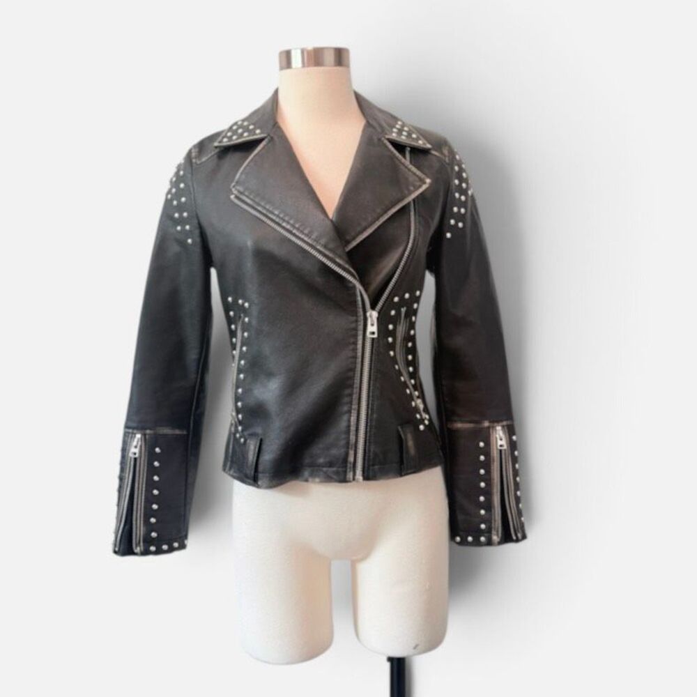 Topshop Studded Faux Leather Biker Motorcycle Jacket Black XS 2 Shameless